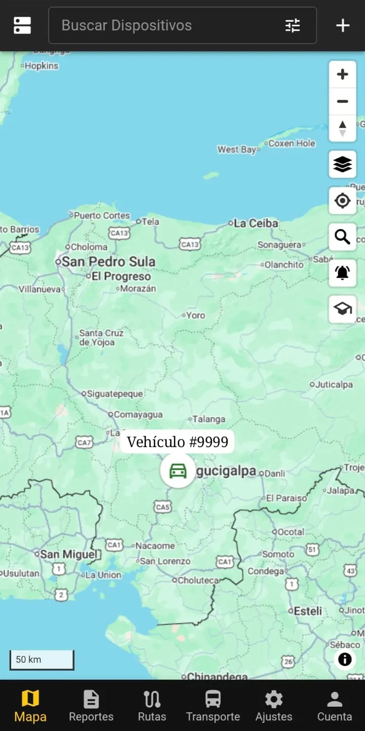 Captura de la app TelConHN: mapa de Honduras con un vehículo en Tegucigalpa