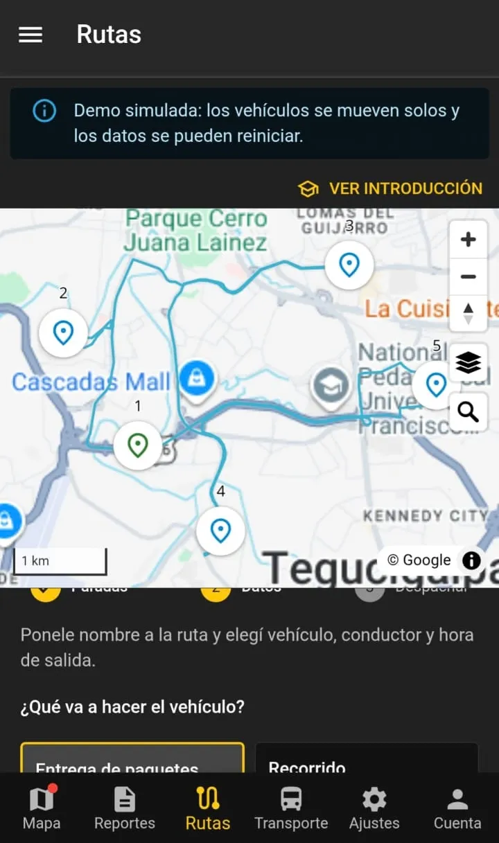 Captura de la app TelConHN: módulo Rutas con las paradas numeradas sobre el mapa de Tegucigalpa