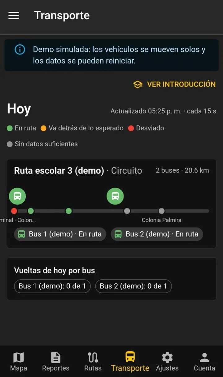Captura de la app TelConHN: módulo Transporte con dos buses en su recorrido y su estado
